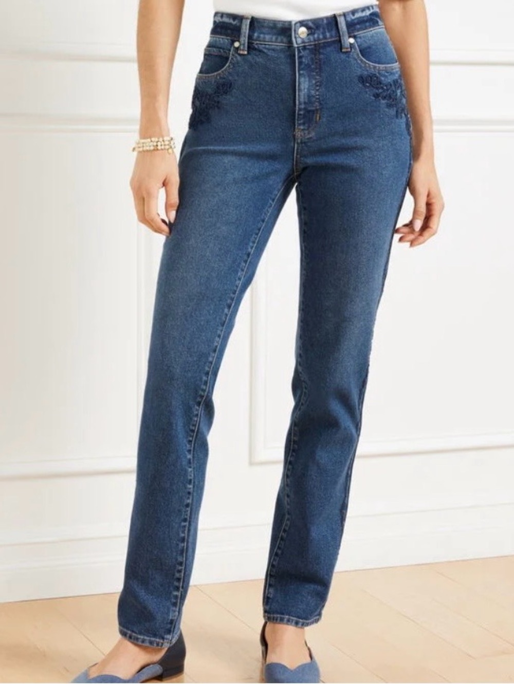 Talbots Women's Sz 10 Jeans Ivy Embroidery Wash High Rise Stretch Straight Leg
